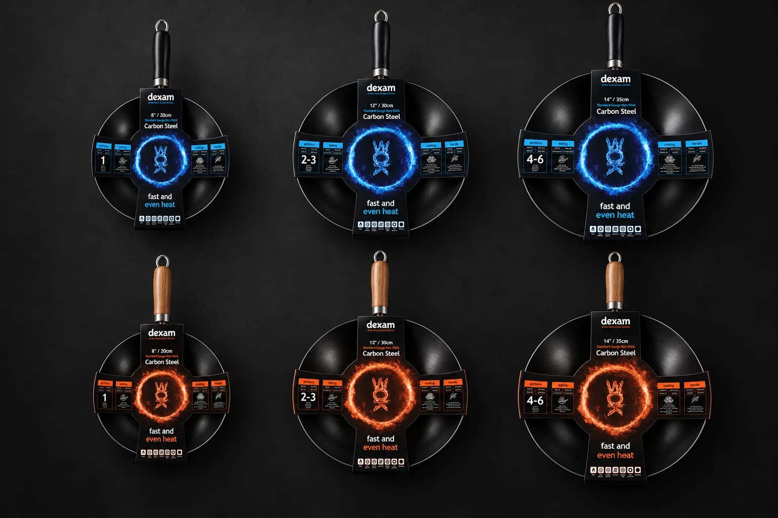 The full Dexam wok range: six variants in blue and orange across the 20cm, 30cm and 35cm sizes