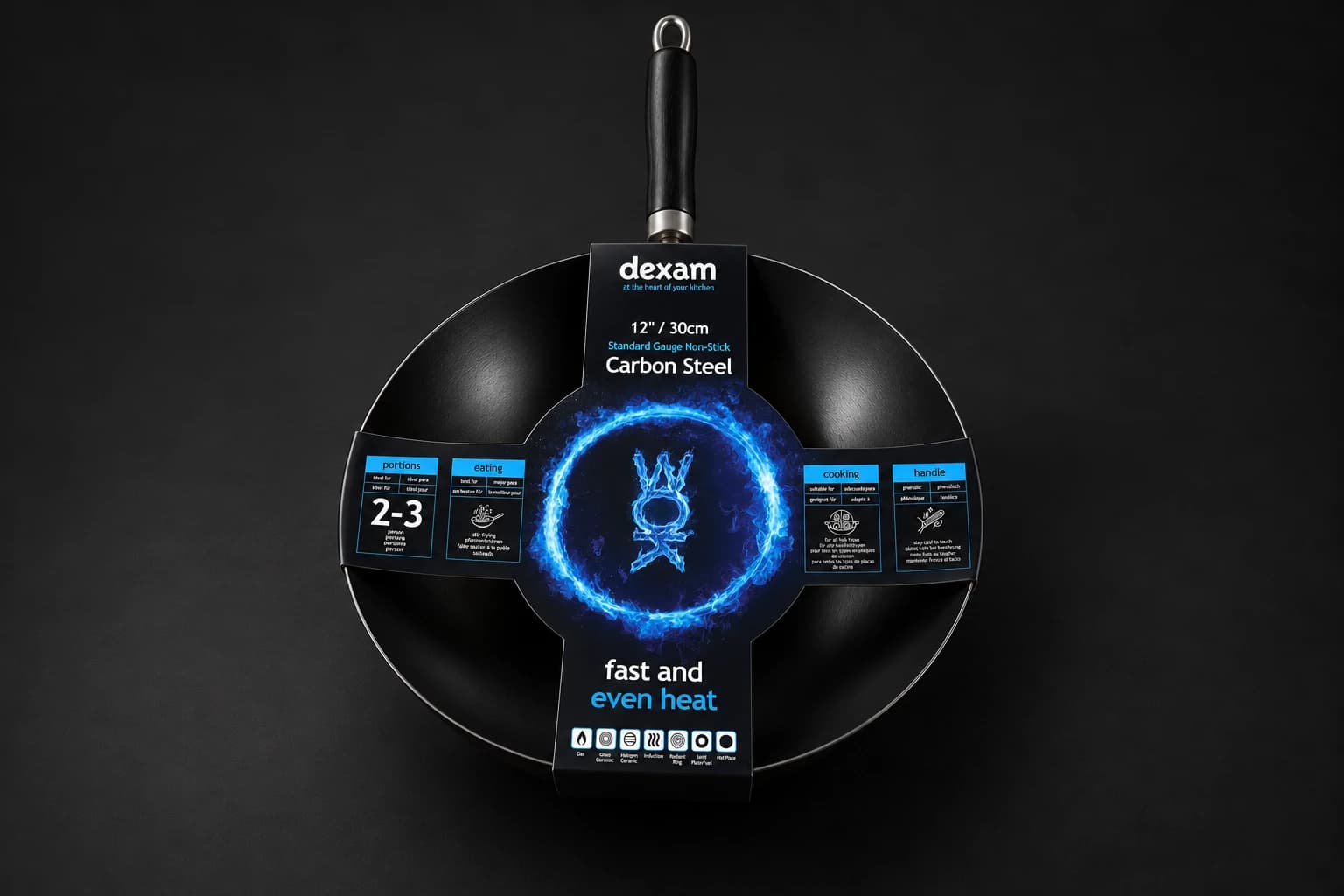Dexam 30cm carbon steel wok with the blue flame ring packaging wrap, front view