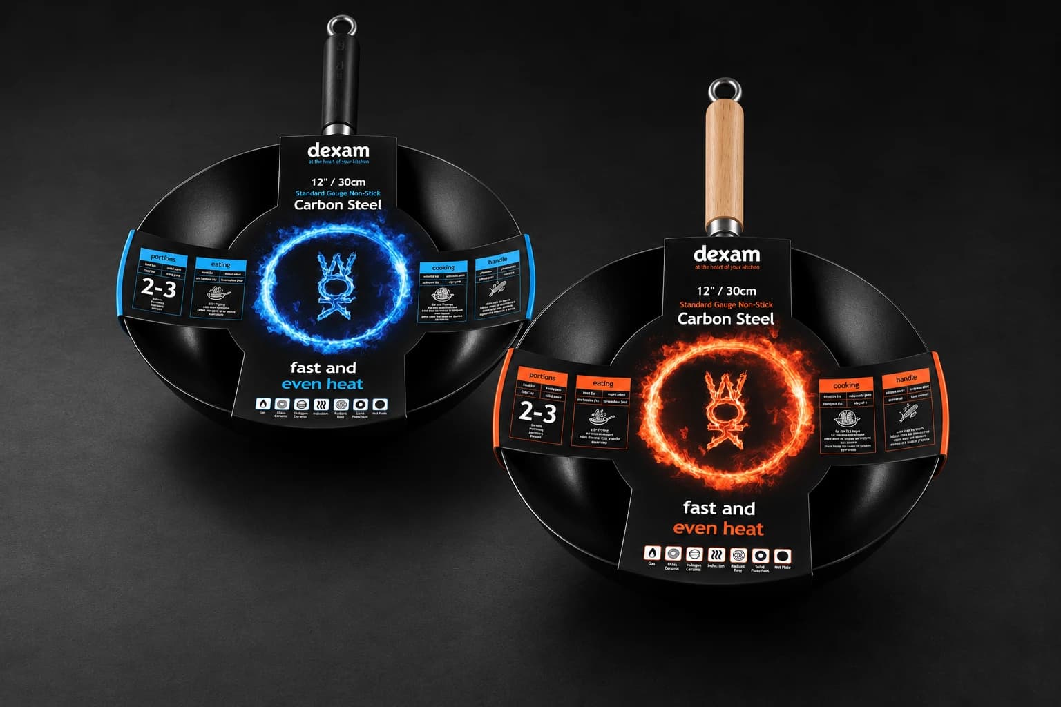 Two Dexam 12 inch carbon steel woks in blue and orange flame packaging, shown side by side on a black background